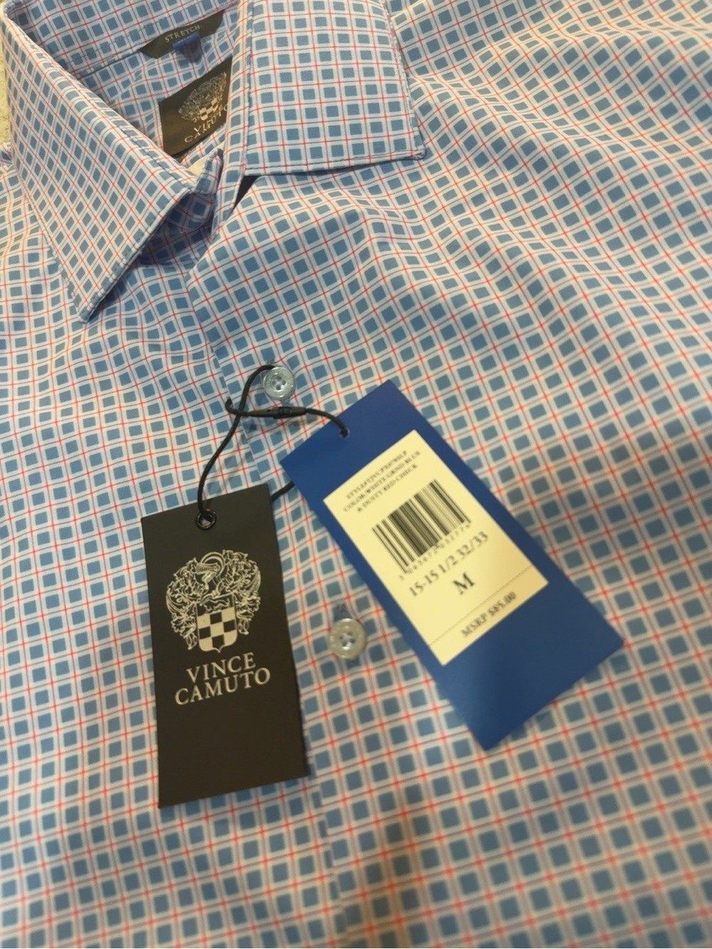 Vince Camuto Performance Dress Shirt M 15-15.5 32/33 Blue Red Check Stretch NWT